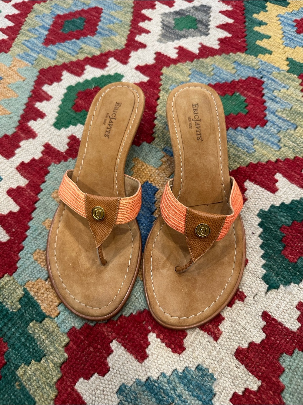 Eric Javits New York Orange Woven Leather Medallion Kitten Heel Sandals 8M Italy